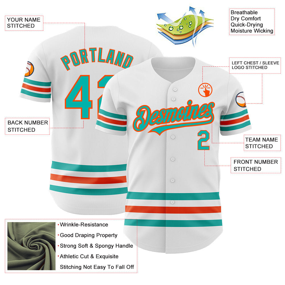 Custom White Aqua-Orange Line Authentic Baseball Jersey view 3