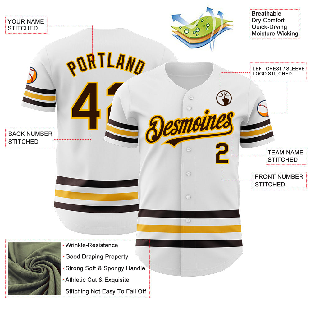 Custom White Brown-Gold Line Authentic Baseball Jersey view 3