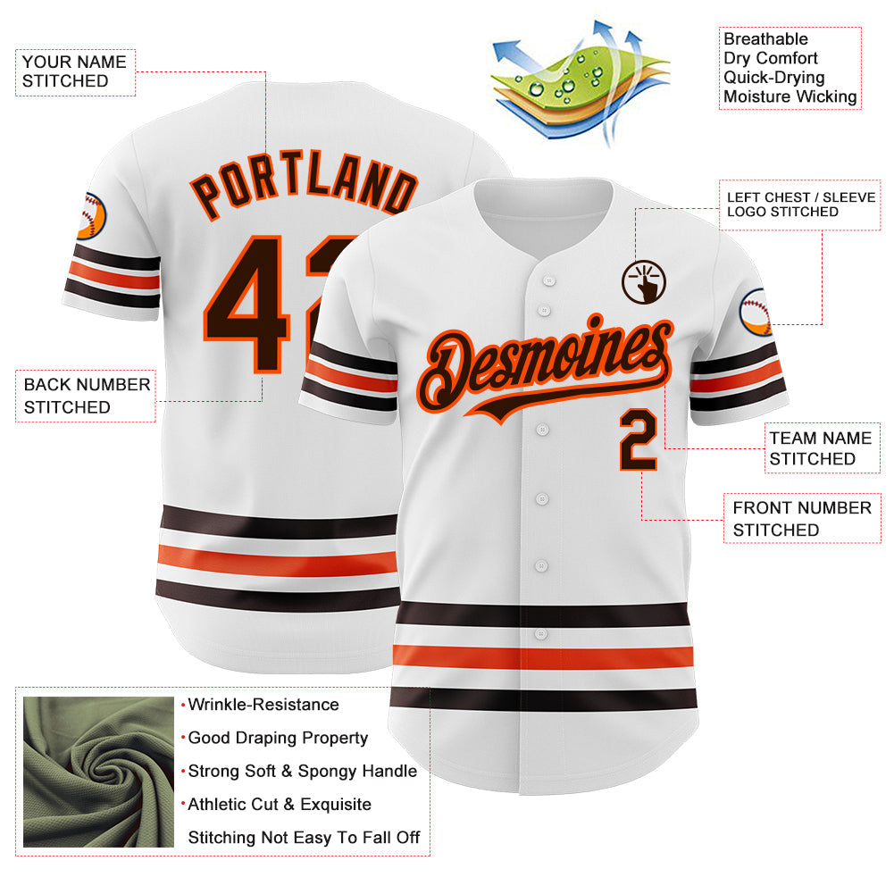 Custom White Brown-Orange Line Authentic Baseball Jersey view 3