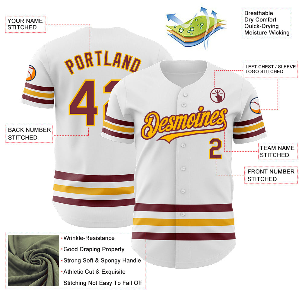 Custom White Burgundy-Gold Line Authentic Baseball Jersey view 3