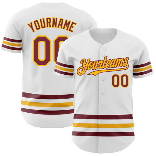 Custom White Burgundy-Gold Line Authentic Baseball Jersey - Main View