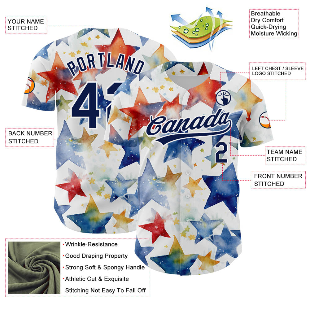 Custom White Navy-Red 3D Pattern Design Stars Authentic Baseball Jersey view 3