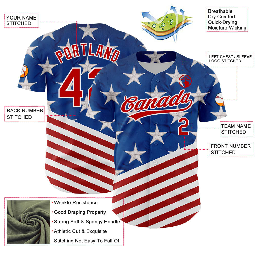 Custom Royal Red-White 3D American Flag Patriotic Authentic Baseball Jersey view 3