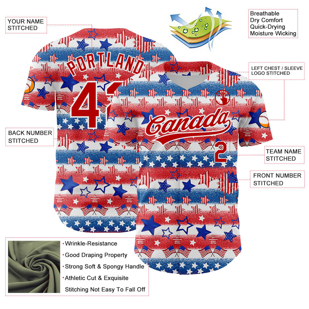 Custom White Red-Royal 3D American Flag Patriotic Authentic Baseball Jersey view 3