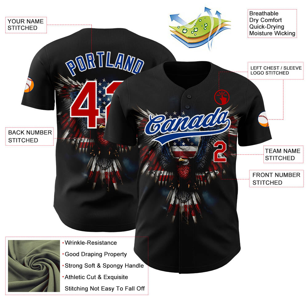 Custom Black Red-Royal 3D American Flag Eagle Patriotic Authentic Baseball Jersey view 3
