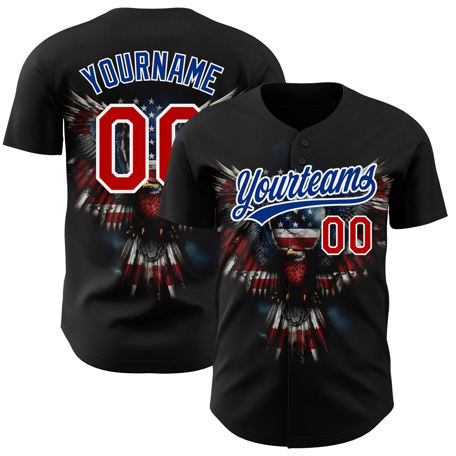 Custom Black Red-Royal 3D American Flag Eagle Patriotic Authentic Baseball Jersey - Main View