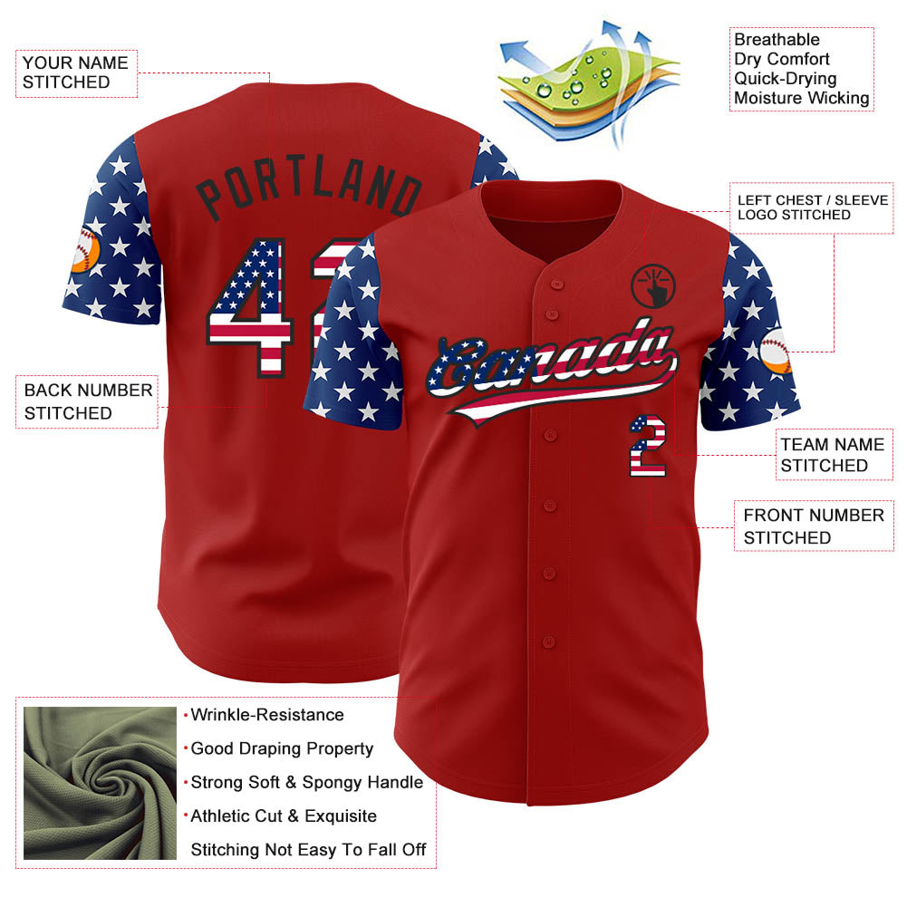 Custom Red USA Flag-Black 3D American Flag Patriotic Authentic Baseball Jersey view 3