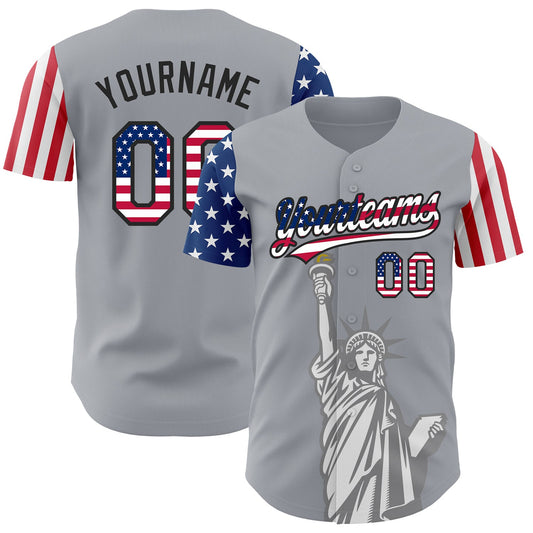 Custom Gray USA Flag-Black 3D American Flag Statue of Liberty Patriotic Authentic Baseball Jersey - Main View