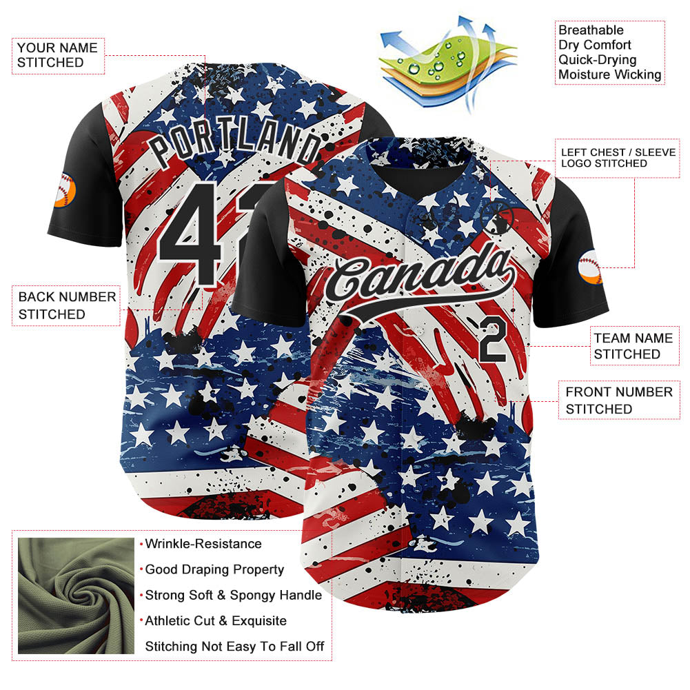 Custom White Black Royal-Red 3D American Flag Patriotic Authentic Baseball Jersey view 3