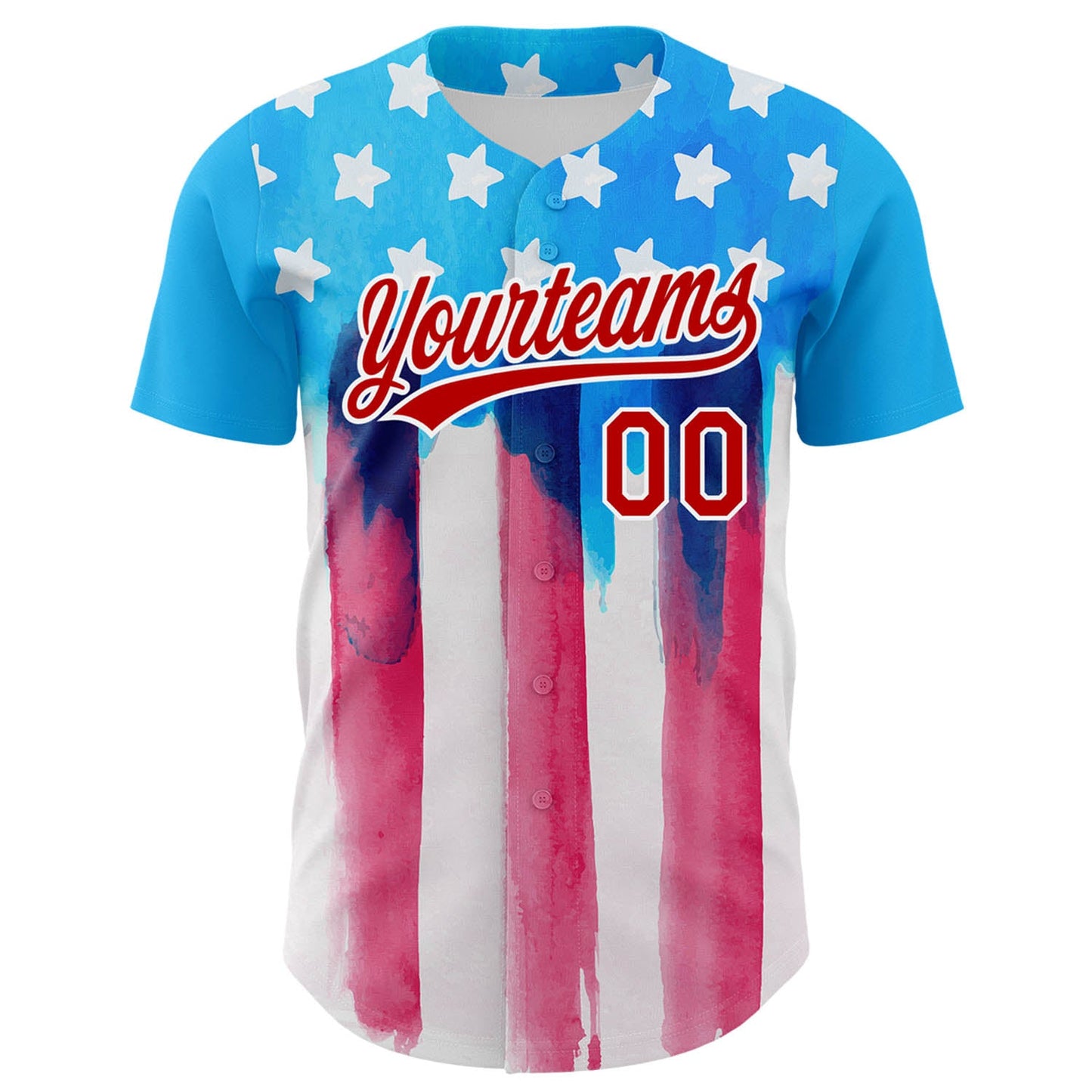 Custom Electric Blue Red-White 3D American Flag Patriotic Authentic Baseball Jersey view 2