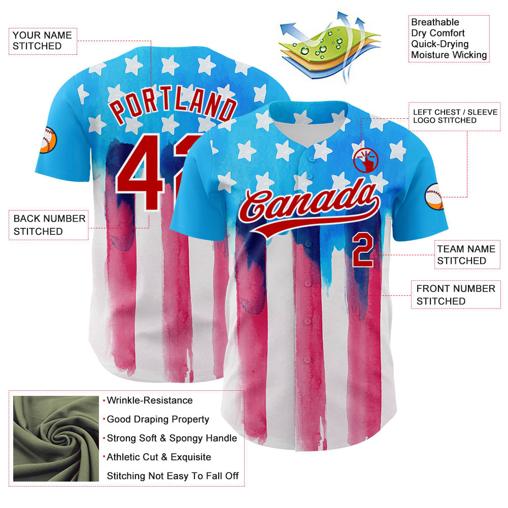 Custom Electric Blue Red-White 3D American Flag Patriotic Authentic Baseball Jersey view 3