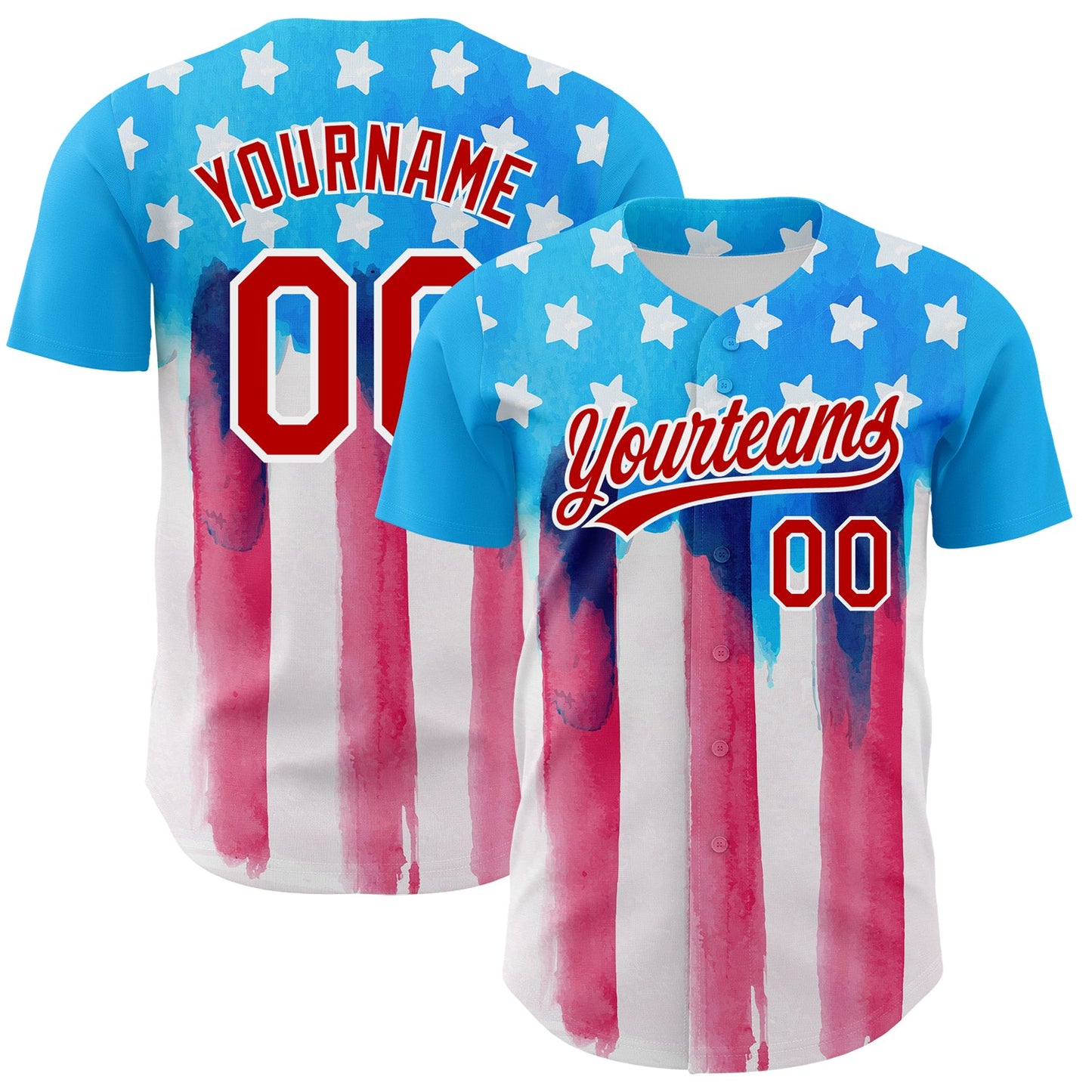 Custom Electric Blue Red-White 3D American Flag Patriotic Authentic Baseball Jersey - Main View