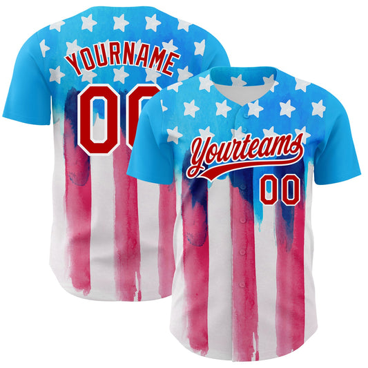 Custom Electric Blue Red-White 3D American Flag Patriotic Authentic Baseball Jersey - Main View
