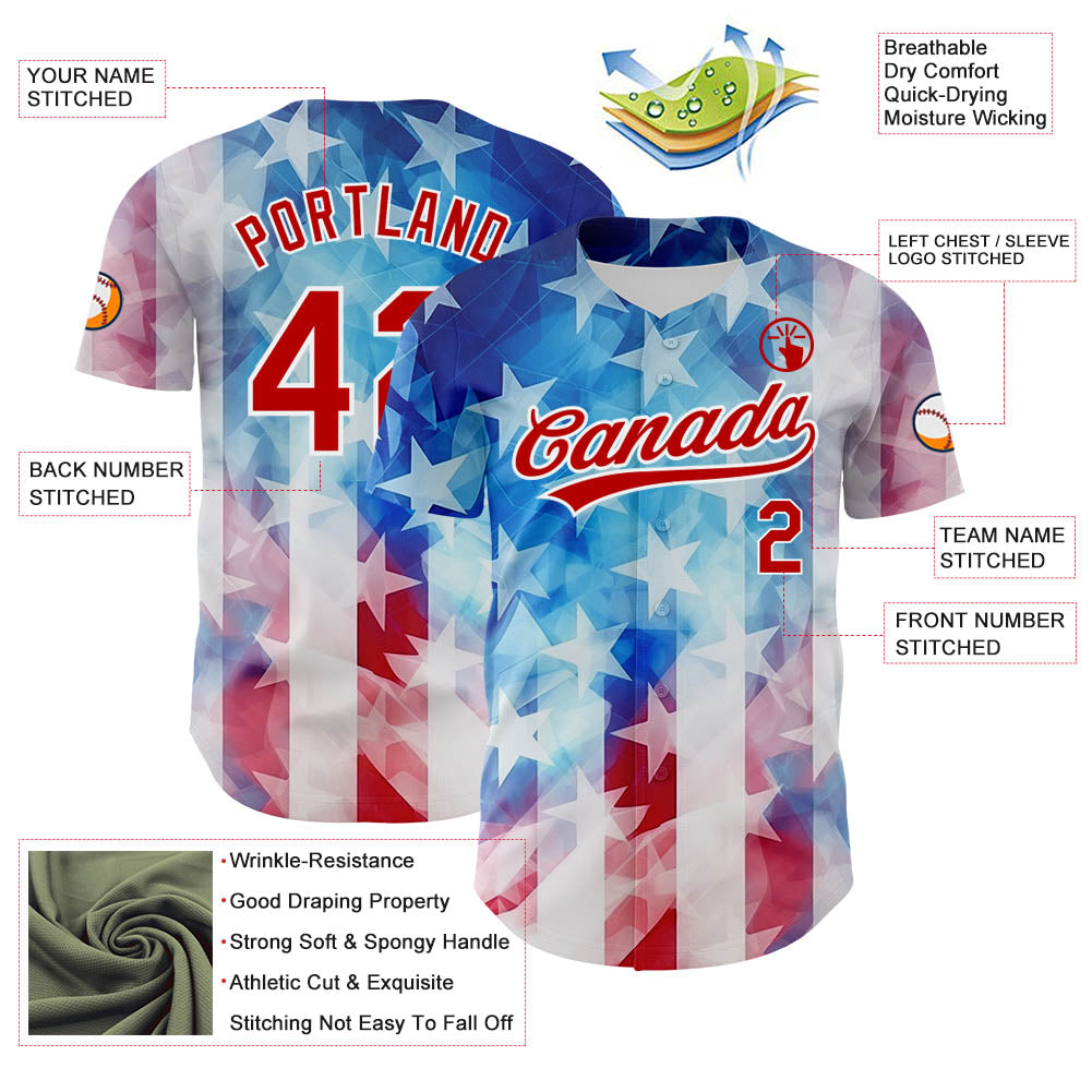 Custom White Red-Royal 3D American Flag Patriotic Authentic Baseball Jersey view 3