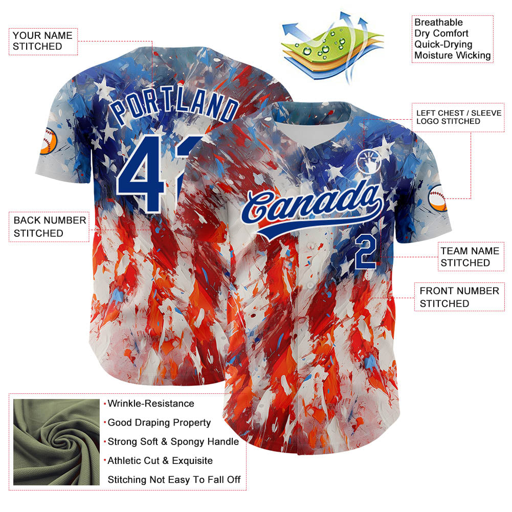 Custom Red Royal-White 3D American Flag Patriotic Authentic Baseball Jersey view 3