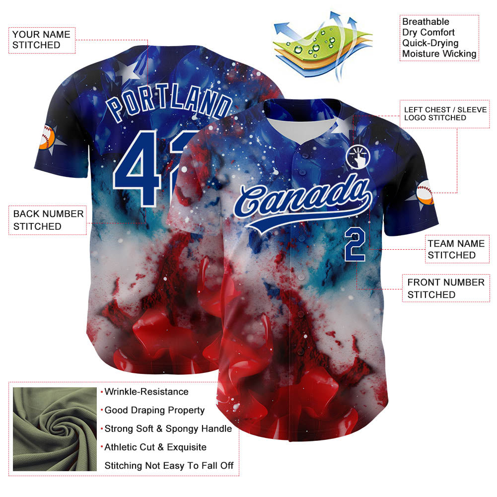 Custom Royal Red-White 3D American Flag Patriotic Authentic Baseball Jersey view 3
