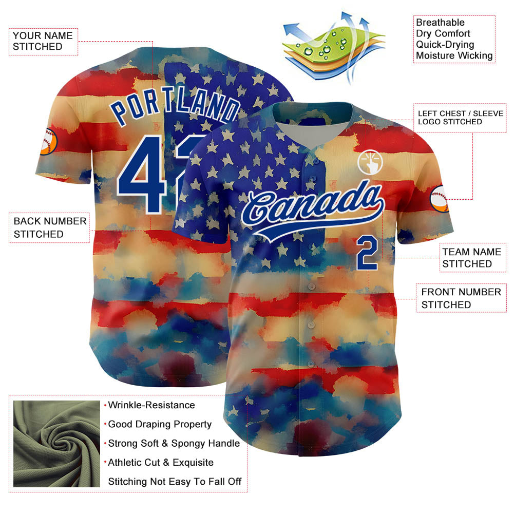 Custom Red Royal-White 3D American Flag Patriotic Authentic Baseball Jersey view 3