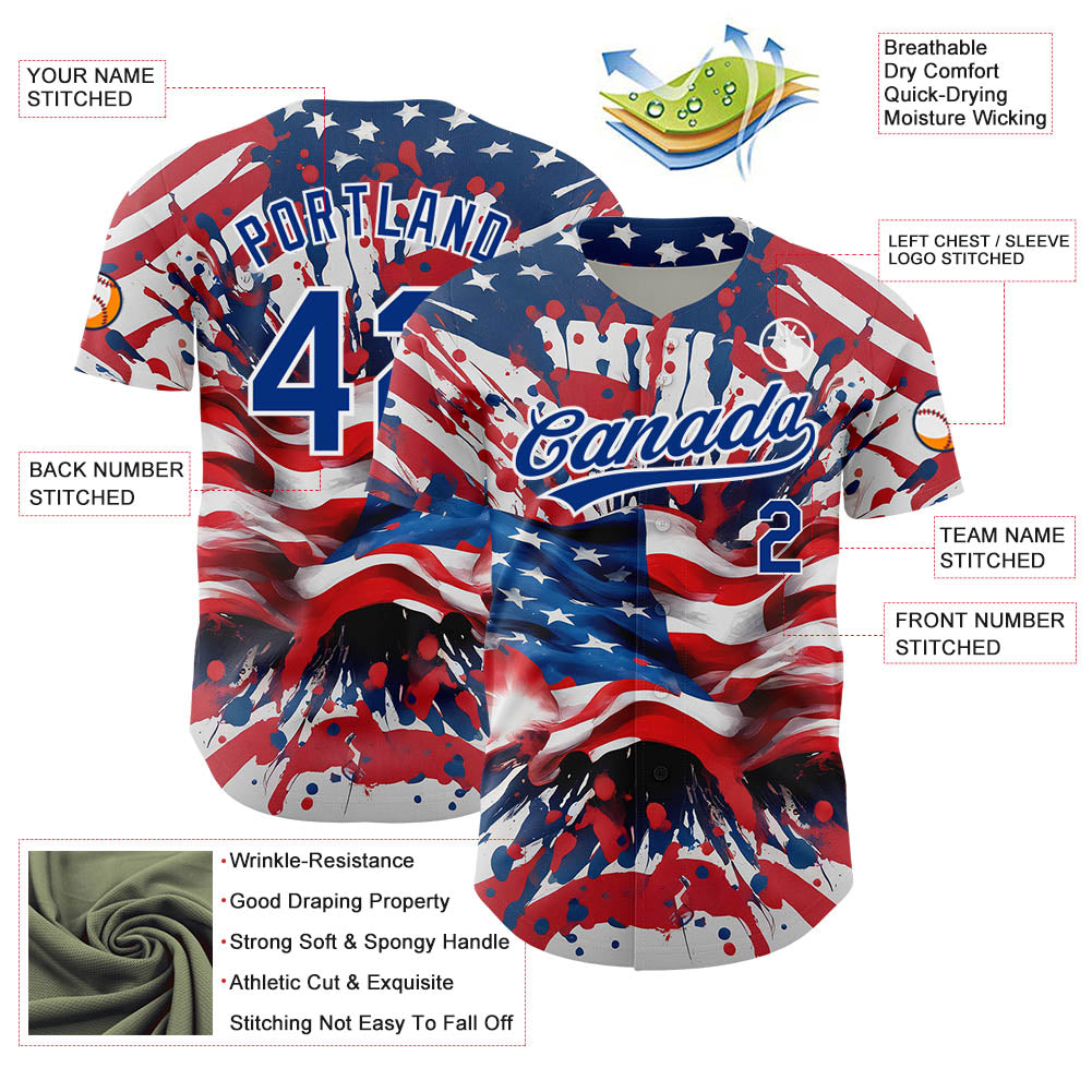 Custom Red Royal-White 3D American Flag Patriotic Authentic Baseball Jersey view 3