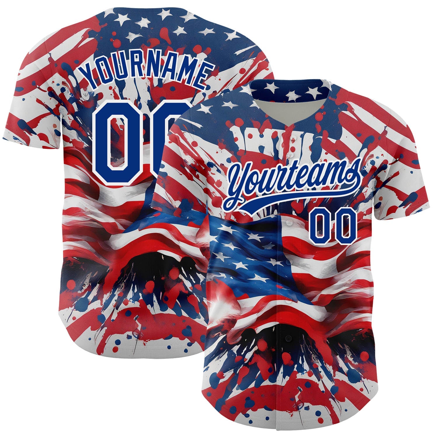 Custom Red Royal-White 3D American Flag Patriotic Authentic Baseball Jersey - Main View