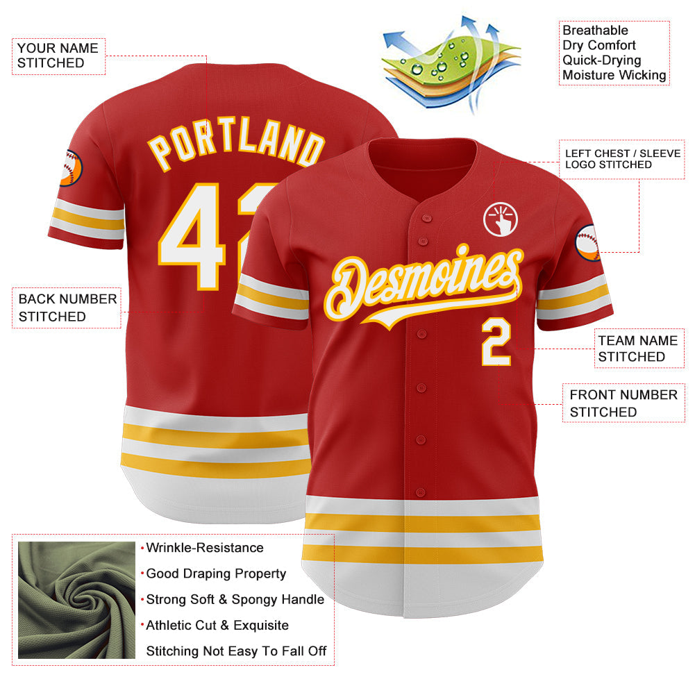 Custom Red White-Gold Line Authentic Baseball Jersey view 3
