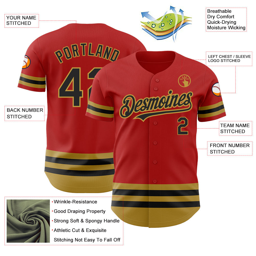 Custom Red Black-Old Gold Line Authentic Baseball Jersey view 3