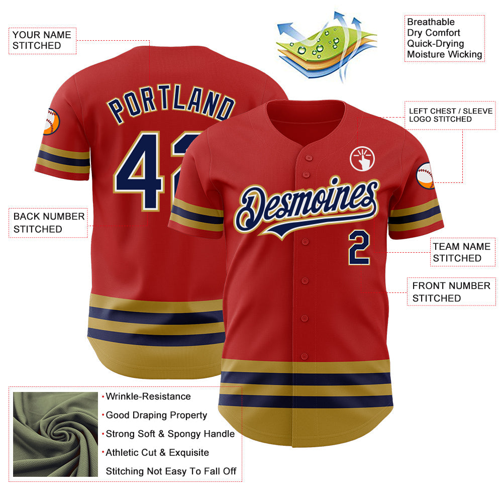 Custom Red Navy-Old Gold Line Authentic Baseball Jersey view 3