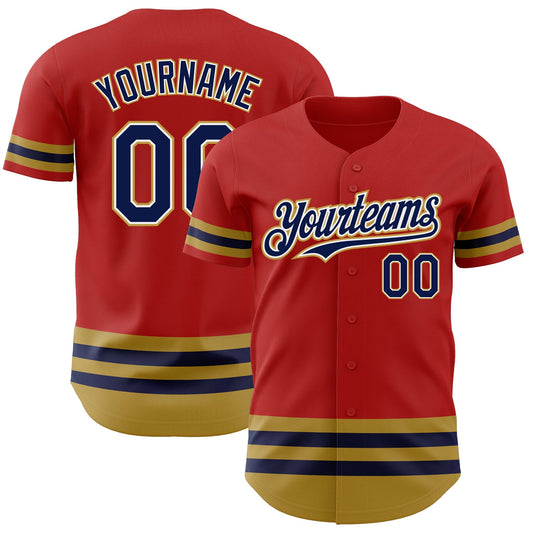 Custom Red Navy-Old Gold Line Authentic Baseball Jersey - Main View