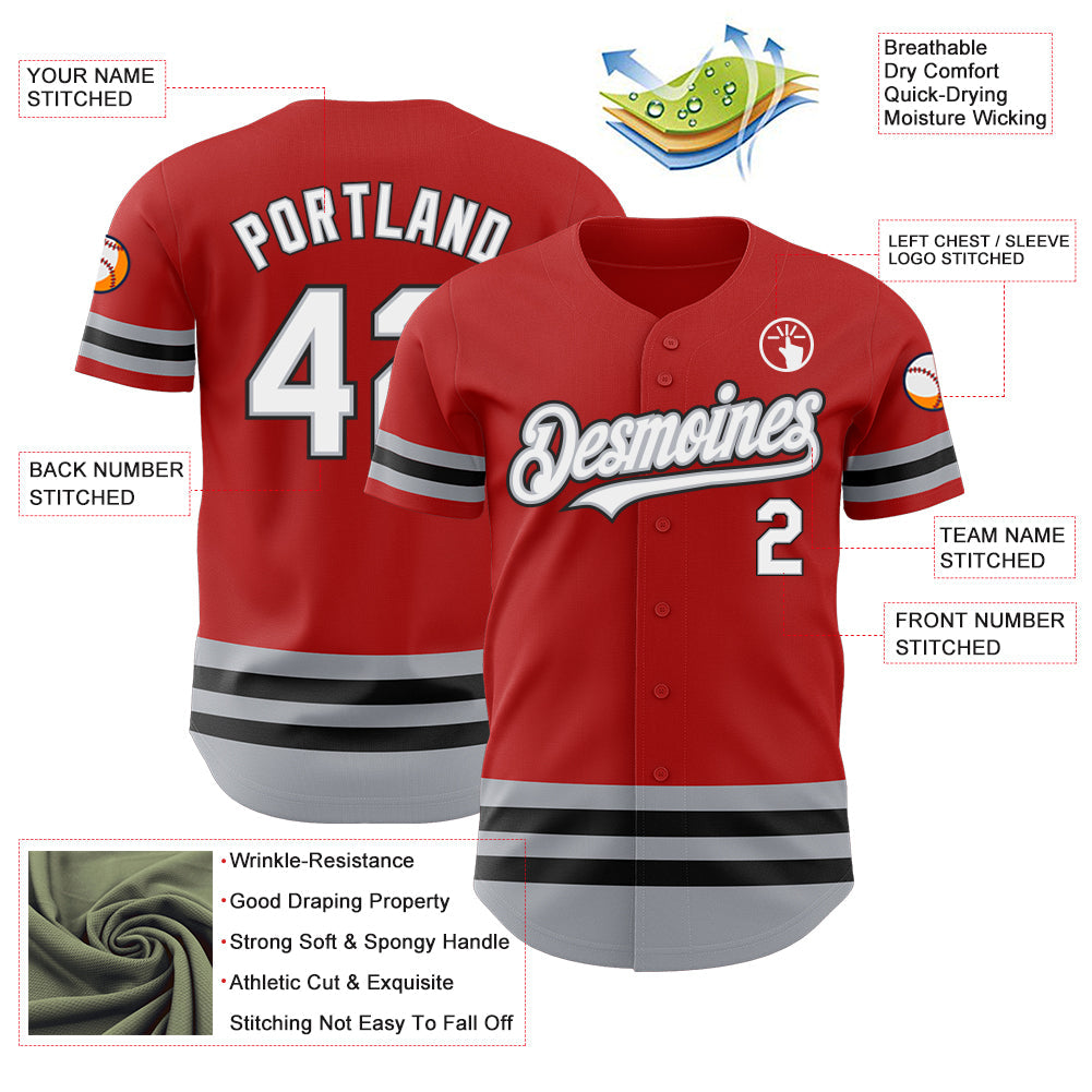 Custom Red Gray-Black Line Authentic Baseball Jersey view 3