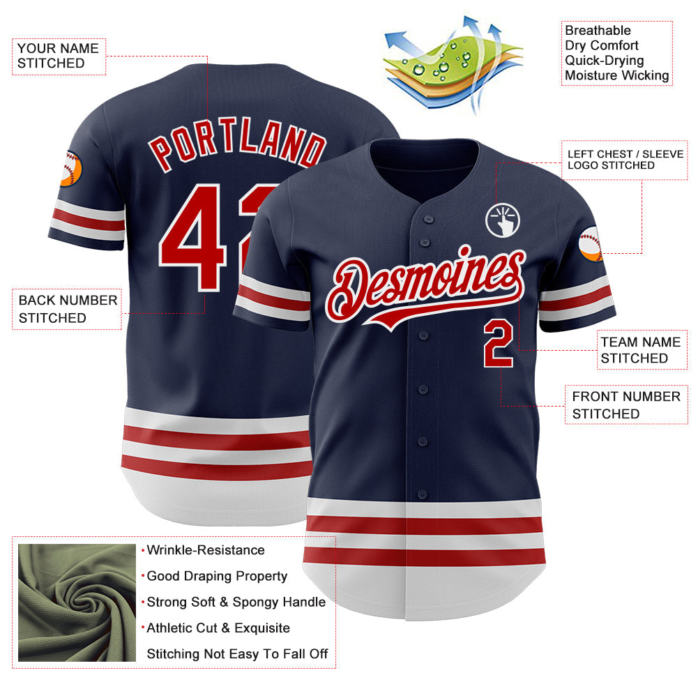 Custom Navy Red-White Line Authentic Baseball Jersey view 3