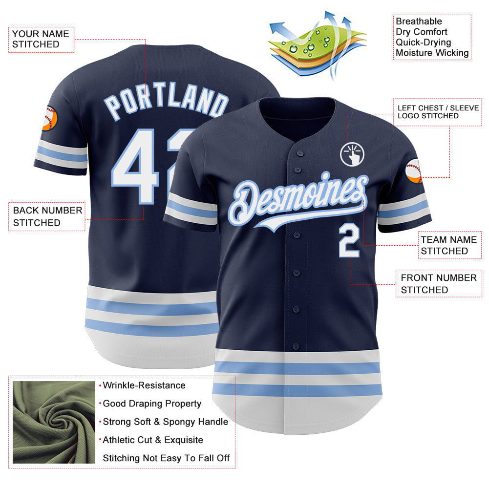 Custom Navy White-Light Blue Line Authentic Baseball Jersey view 3