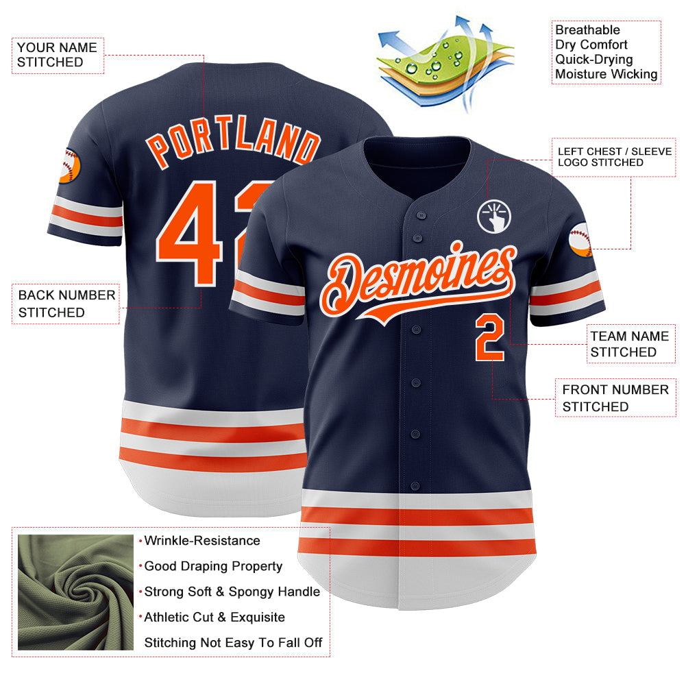 Custom Navy Orange-White Line Authentic Baseball Jersey view 3