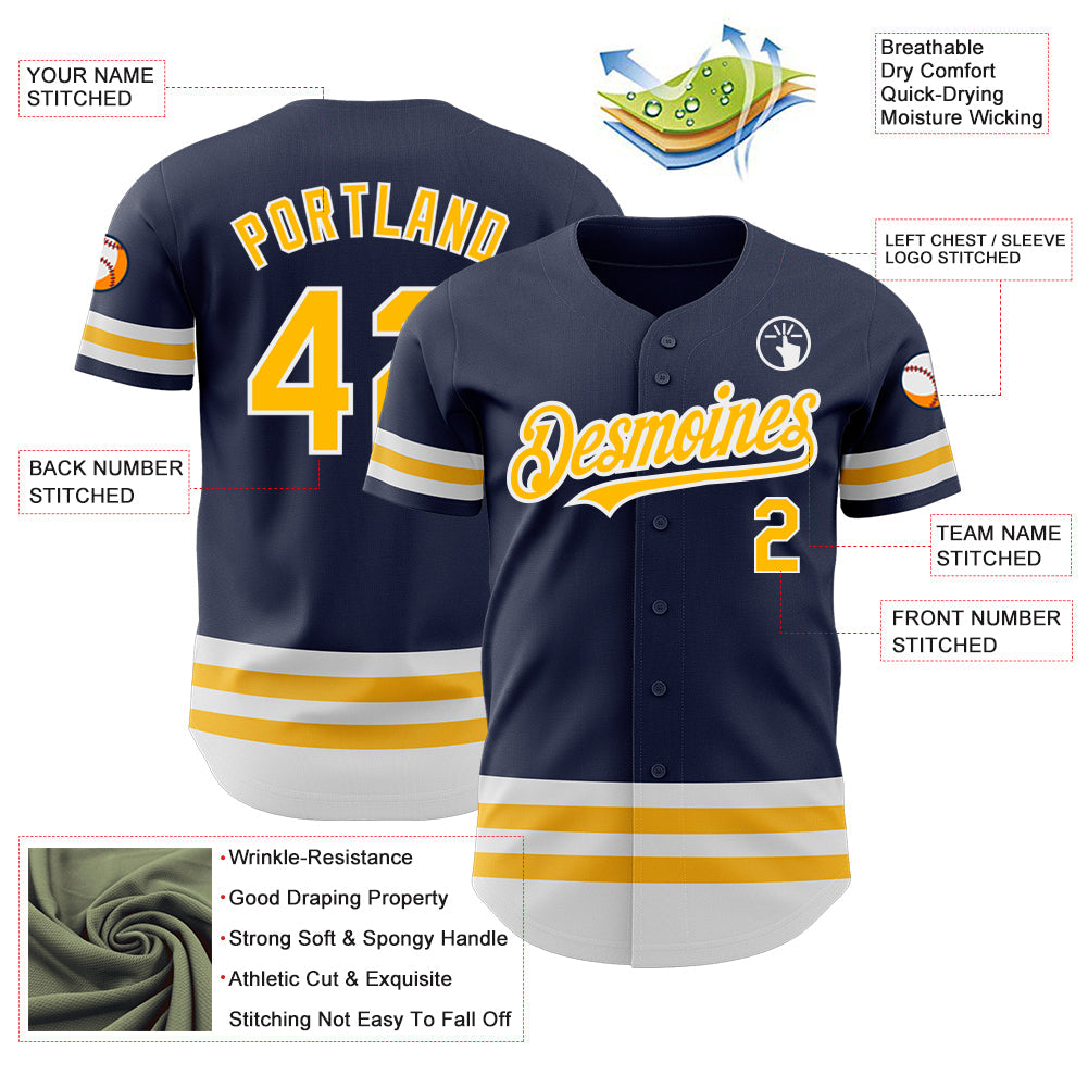 Custom Navy Gold-White Line Authentic Baseball Jersey view 3