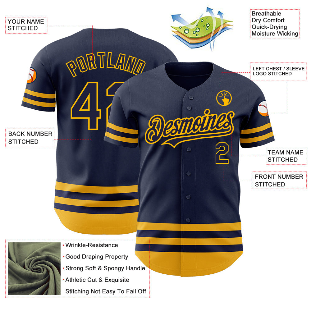 Custom Navy Gold Line Authentic Baseball Jersey view 3