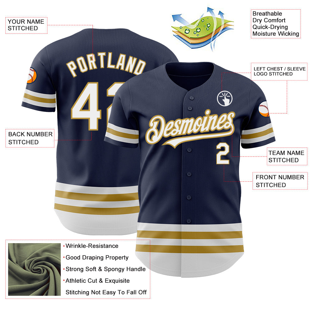 Custom Navy White-Old Gold Line Authentic Baseball Jersey view 3