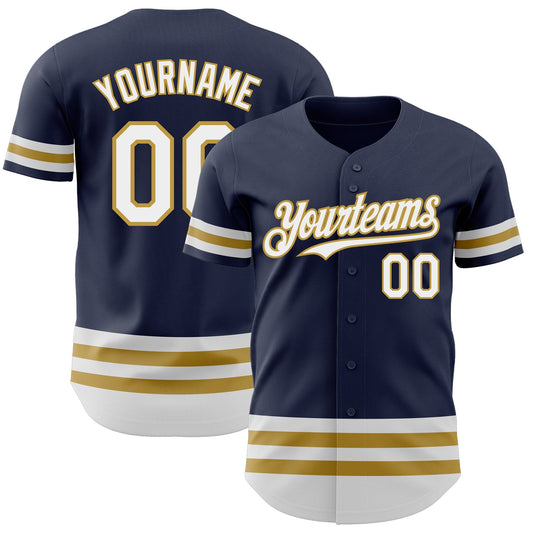 Custom Navy White-Old Gold Line Authentic Baseball Jersey - Main View