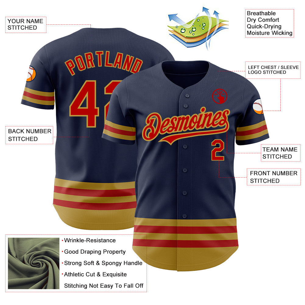 Custom Navy Red-Old Gold Line Authentic Baseball Jersey view 3