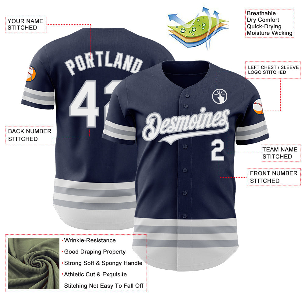 Custom Navy White-Gray Line Authentic Baseball Jersey view 3