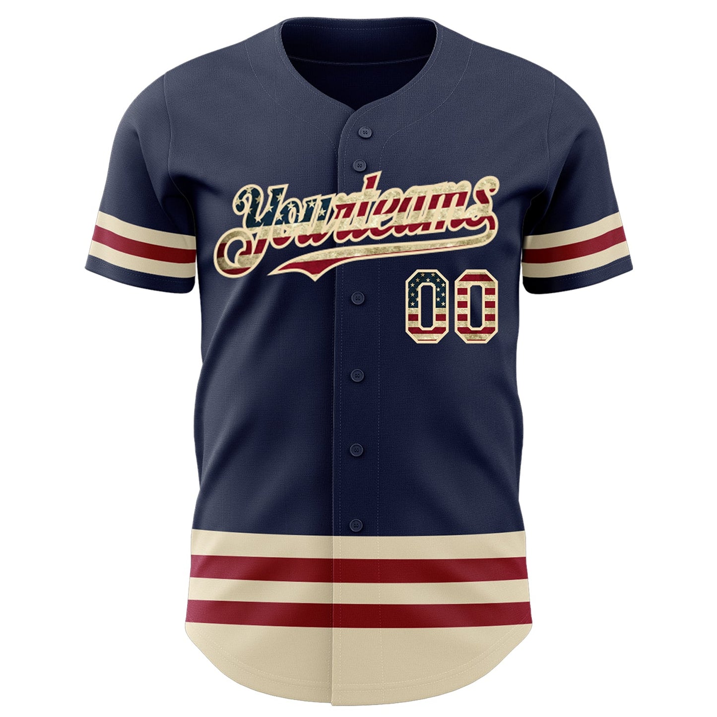 Custom Navy Vintage USA Flag Cream-Maroon Line Authentic Baseball Jersey view 2