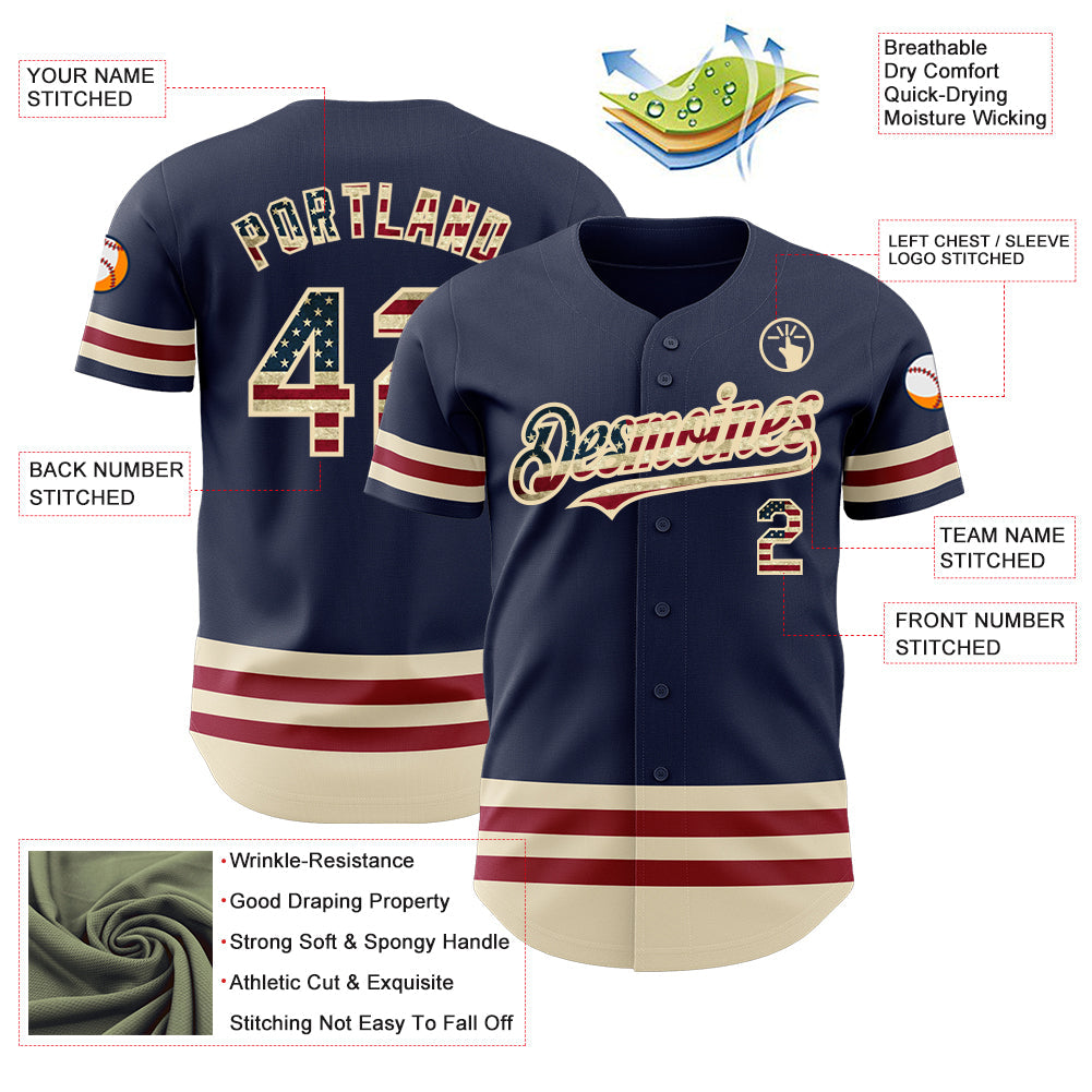 Custom Navy Vintage USA Flag Cream-Maroon Line Authentic Baseball Jersey view 3