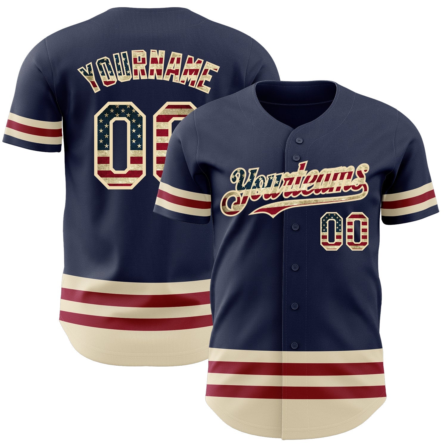 Custom Navy Vintage USA Flag Cream-Maroon Line Authentic Baseball Jersey - Main View