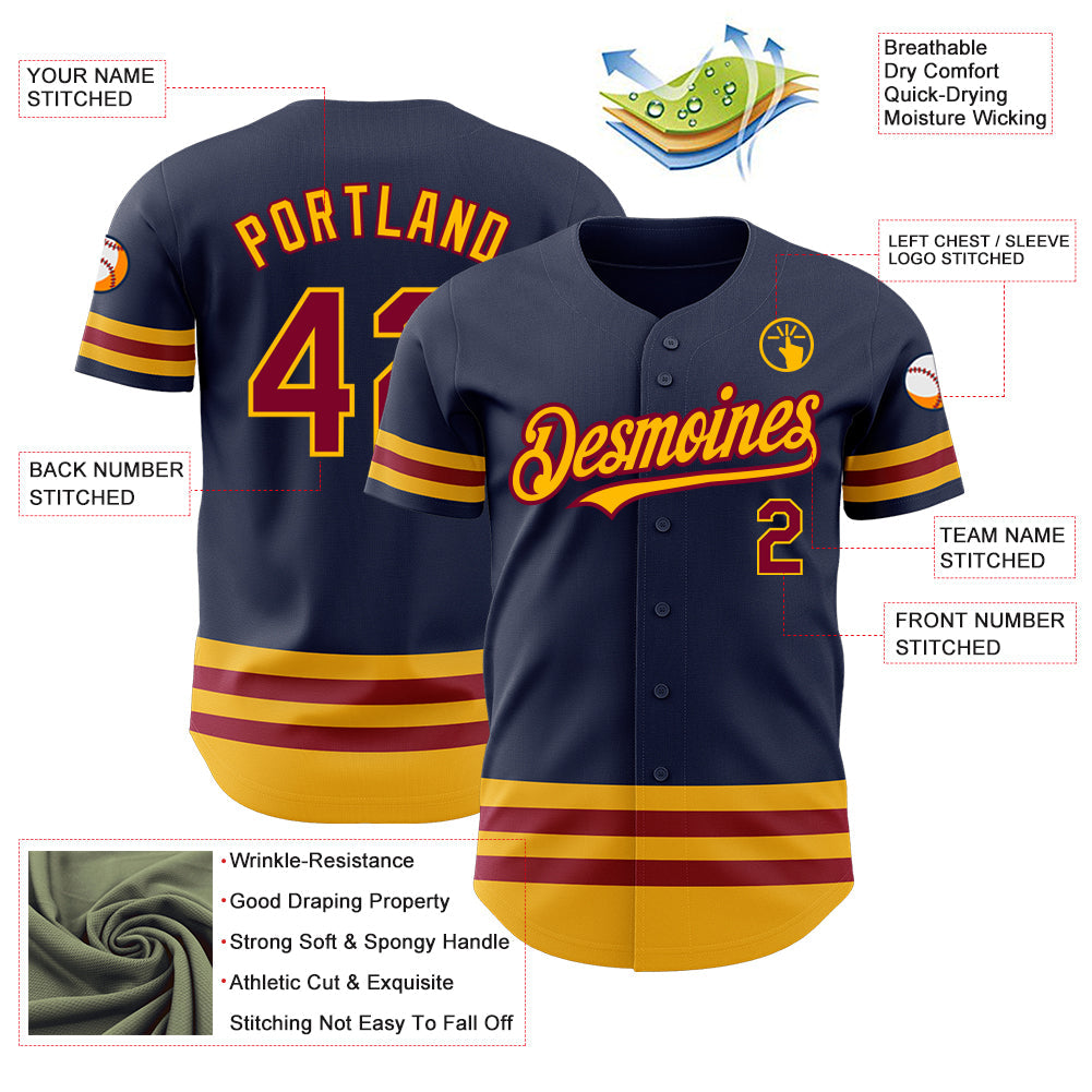 Custom Navy Maroon-Gold Line Authentic Baseball Jersey view 3