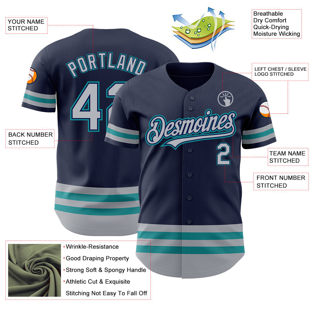 Custom Navy Gray-Teal Line Authentic Baseball Jersey view 3