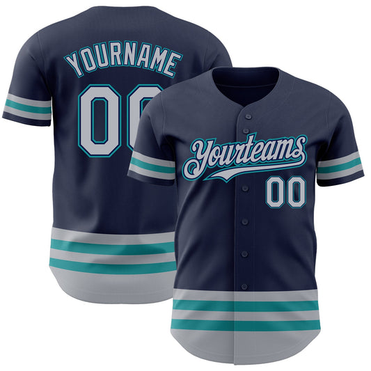 Custom Navy Gray-Teal Line Authentic Baseball Jersey - Main View