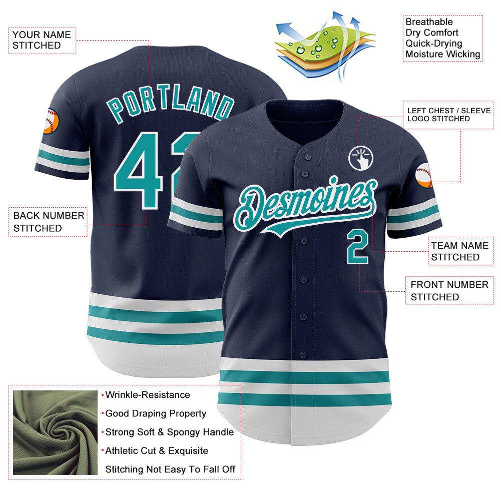 Custom Navy Teal-White Line Authentic Baseball Jersey view 3