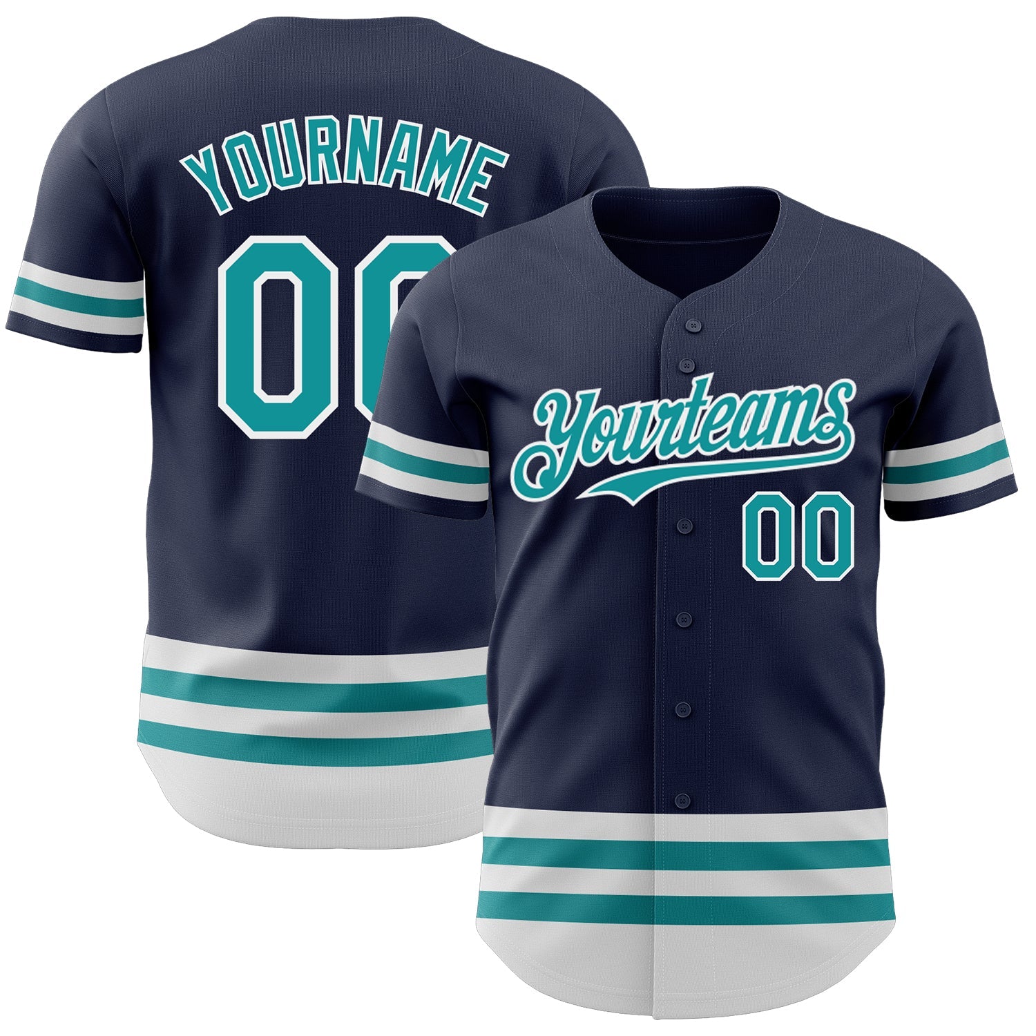 Custom Navy Teal-White Line Authentic Baseball Jersey - Main View