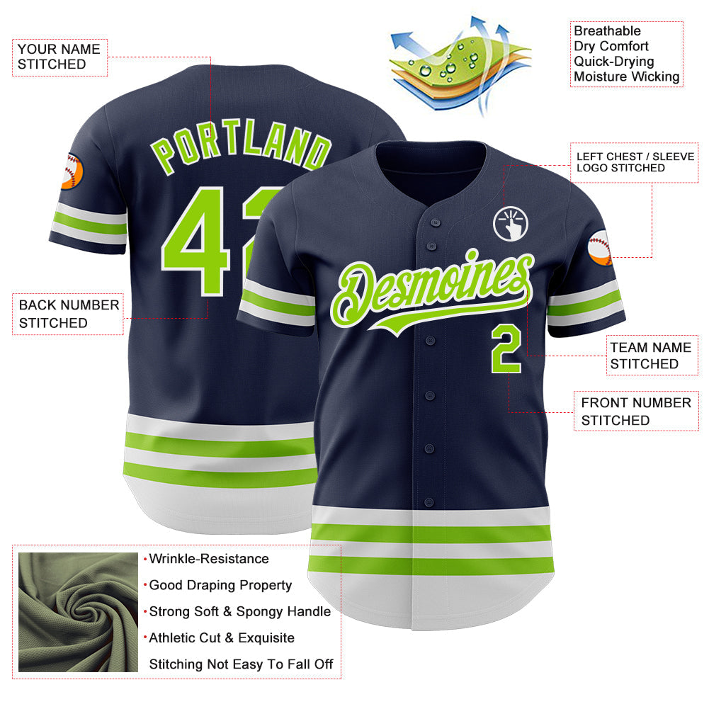 Custom Navy Neon Green-White Line Authentic Baseball Jersey view 3