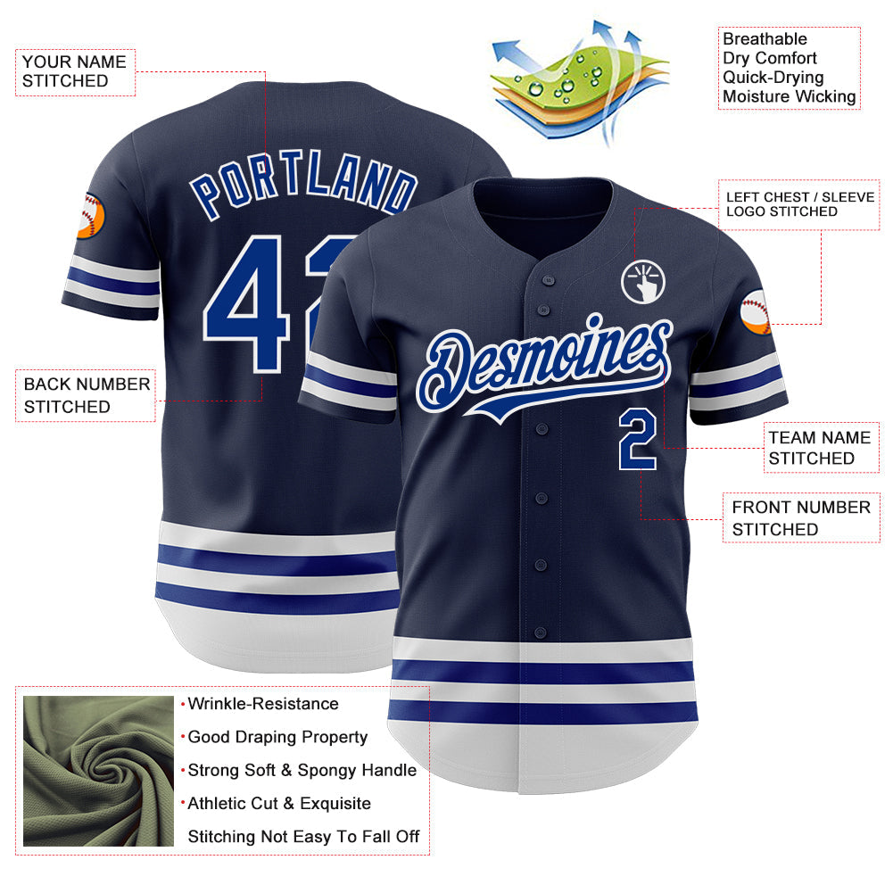 Custom Navy Royal-White Line Authentic Baseball Jersey view 3