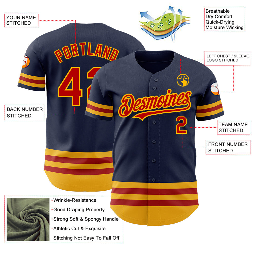 Custom Navy Red-Gold Line Authentic Baseball Jersey view 3