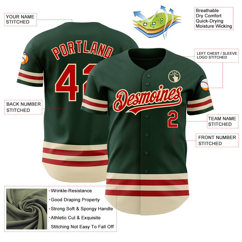 Custom Green Red-Cream Line Authentic Baseball Jersey view 3