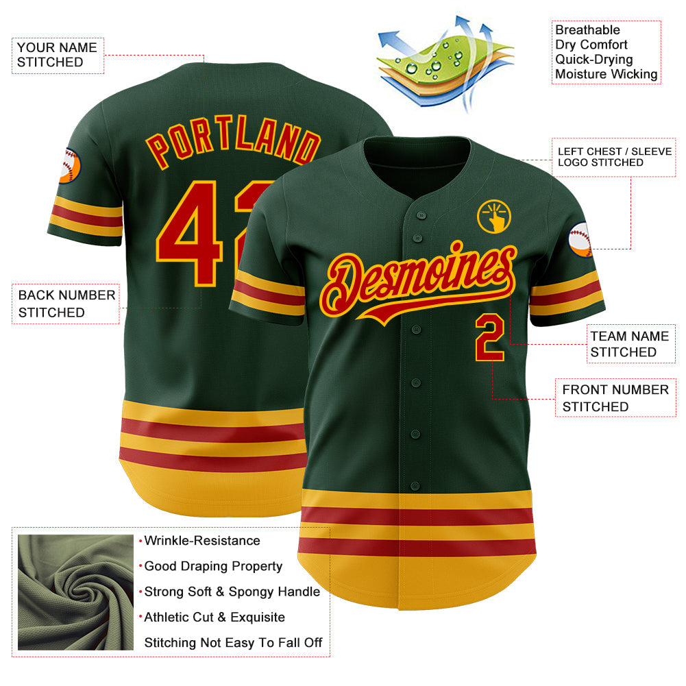 Custom Green Red-Gold Line Authentic Baseball Jersey view 3
